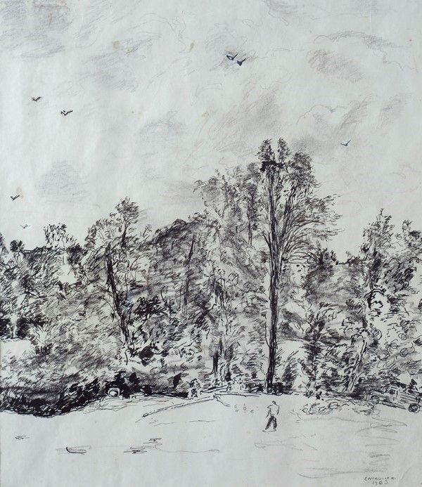 Mario Cavaglieri : Paesaggio con figure  - Inchiostro e matita su carta - Auction Autori dell'800 e 900 - Galleria Pananti Casa d'Aste
