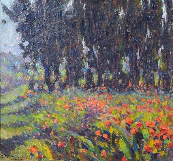 Renuccio Renucci : Campo di papaveri  - Olio su cartone - Auction Autori dell'800 e 900 - Galleria Pananti Casa d'Aste