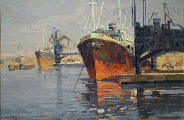 Angiolo Volpe : Barche all'ormeggio  - Olio su compensato - Auction Autori dell'800 e 900 - Galleria Pananti Casa d'Aste