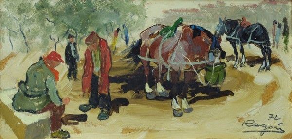 Basso Ragni : Cavalli a riposo  (1972)  - Olio su faesite - Asta Autori dell'800 e 900 - Galleria Pananti Casa d'Aste