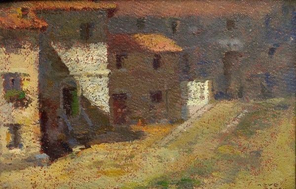 Seve Sospizio : Casolari  - Olio su cartone - Asta Autori dell'800 e 900 - Galleria Pananti Casa d'Aste