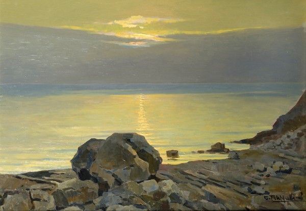 Cafiero Filippelli : Mare al tramonto  - Olio su compensato - Auction Autori dell'800 e 900 - Galleria Pananti Casa d'Aste
