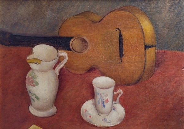 Guido Peyron : Natura morta con chitarra  (1928-1930)  - Olio su compensato - Asta Autori dell'800 e 900 - Galleria Pananti Casa d'Aste
