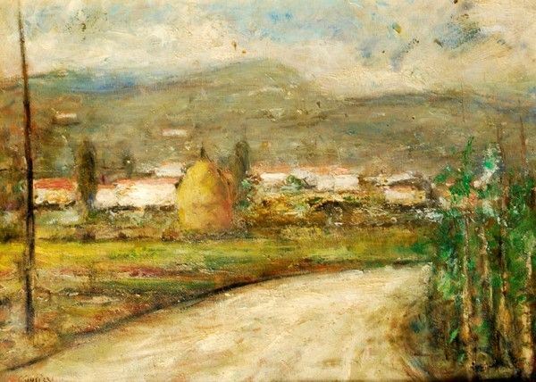 Sergio Scatizzi : Paesaggio con pagliaio  (1946)  - Olio su tavola - Asta Autori dell'800 e 900 - Galleria Pananti Casa d'Aste
