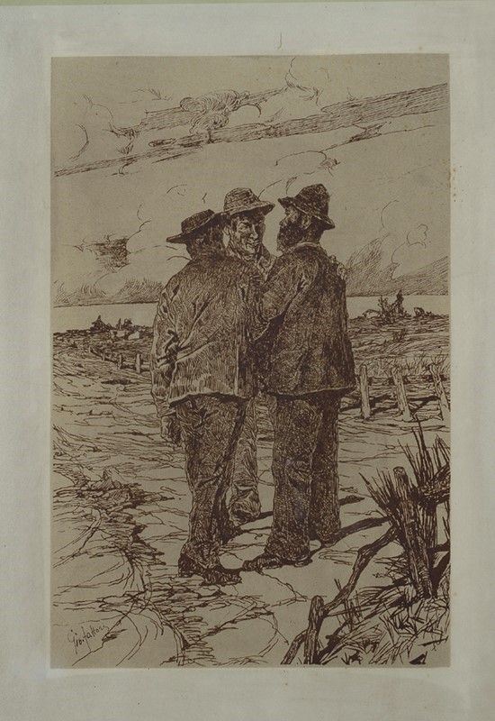 Giovanni Fattori : Tre contadini in conversazione  (1884)  - Litografia a penna coeva all'autore - Auction Autori dell'800 e 900 - Galleria Pananti Casa d'Aste