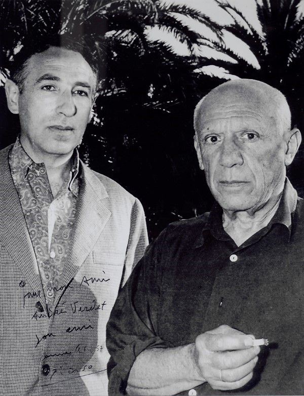 Pablo Picasso : Pablo Picasso e André Verdet  (1957)  - Fotografia in bianco e nero - Auction Arte Moderna e Contemporanea Grafica ed Edizioni - Galleria Pananti Casa d'Aste