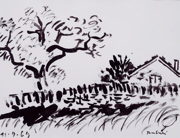 Orfeo Tamburi : Paesaggio con casa  (1969)  - China su carta - Auction Arte Moderna e Contemporanea Grafica ed Edizioni - Galleria Pananti Casa d'Aste