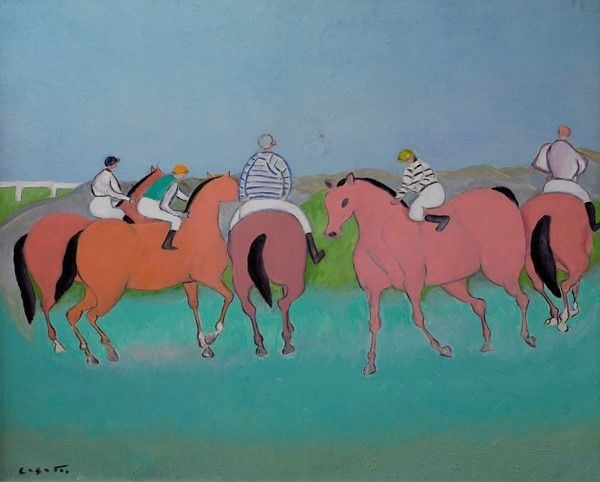 Giuseppe Cesetti : Alle corse  (1978)  - Olio su tela - Asta Arte Moderna e Contemporanea Grafica ed Edizioni - Galleria Pananti Casa d'Aste