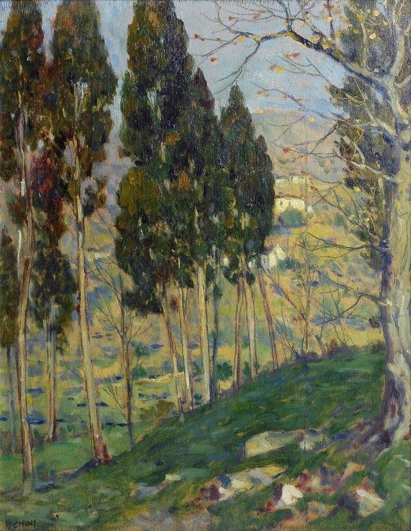 Galileo Chini : I cipressi di Reticaia  - Olio su compensato - Asta Arte Moderna e Contemporanea - III - Galleria Pananti Casa d'Aste