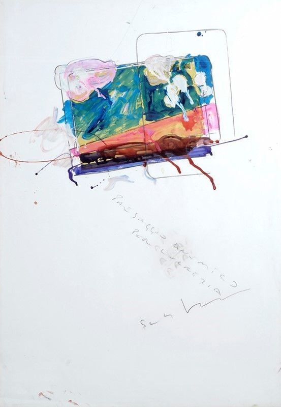 Mario Schifano : Paesaggio anemico  (1973-78)  - Smalto e collage su cartoncino - Asta Arte Moderna e Contemporanea Grafica ed Edizioni - Galleria Pananti Casa d'Aste