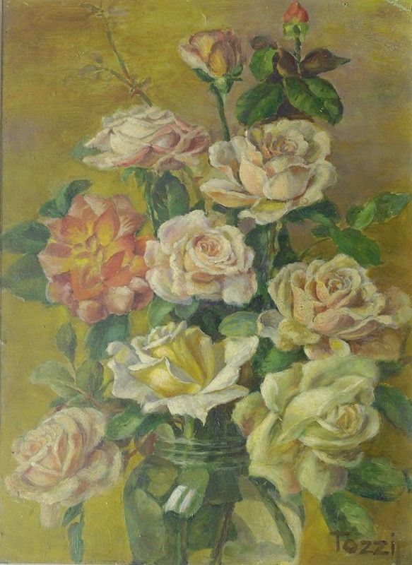 Mario Tozzi : Rose  (1919)  - Olio su faesite - Asta Arte Moderna e Contemporanea Grafica ed Edizioni - Galleria Pananti Casa d'Aste