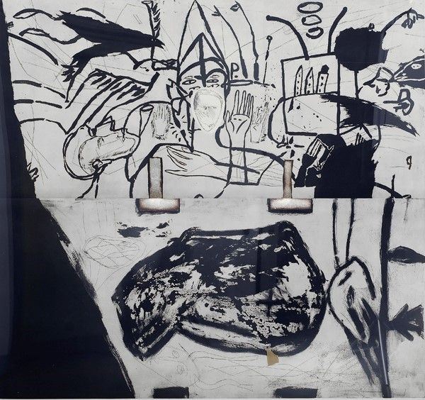 Mimmo Paladino : Small Town  (1990)  - Acquaforte Acquatinta e Puntasecca e Collages su carta Arches - Auction Arte Moderna e Contemporanea Grafica ed Edizioni - Galleria Pananti Casa d'Aste