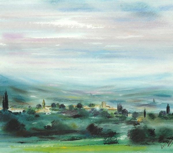 Luca Giannelli : Paesaggio casentinese  - Acquarello e pastello su carta - Asta Artisti per l'UNICEF - Galleria Pananti Casa d'Aste