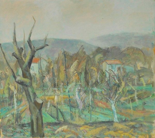 Quinto Martini : Paesaggio  (1990)  - Olio su tavola - Auction Artisti per l'UNICEF - Galleria Pananti Casa d'Aste