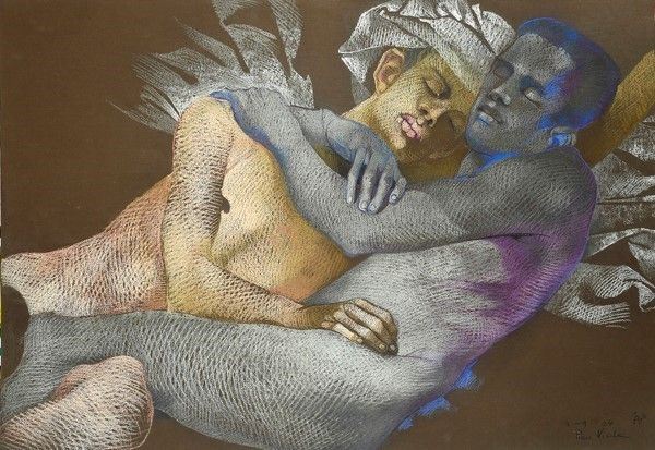 Piero Nincheri : L'abbraccio  - Pastello su cartoncino - Auction Artisti per l'UNICEF - Galleria Pananti Casa d'Aste
