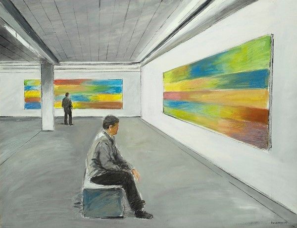 Giovanni Paszkowsky : La sosta in galleria  - Tecnica mista su cartone - Asta Artisti per l'UNICEF - Galleria Pananti Casa d'Aste