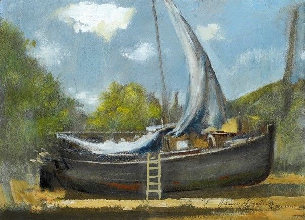 Romano Stefanelli : Isola d'Elba - Barca in secco  - Olio su cartone - Auction Artisti per l'UNICEF - Galleria Pananti Casa d'Aste