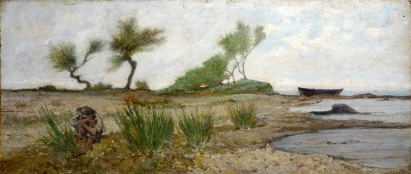 Giovanni Fattori : Marina con ragazzo che dorme  ((1880 circa))  - Olio su tavola, - Auction Opere scelte dell'ottocento italiano da collezioni private - I - Galleria Pananti Casa d'Aste