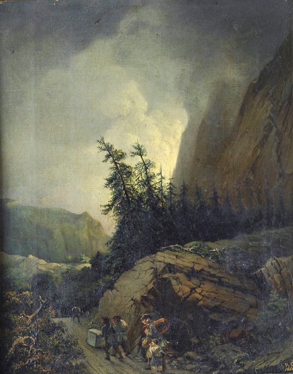 Anonimo, XIX sec. : Paesaggio con figure  (1856)  - Olio su tela - Asta Autori dell'800 e 900 - Galleria Pananti Casa d'Aste
