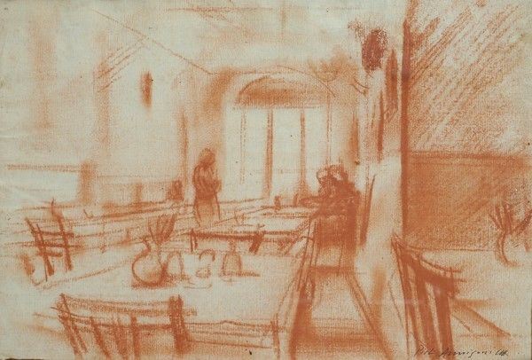 Pietro Annigoni : Interno di osteria  - Sanguigna su carta - Asta Arte Moderna e Contemporanea, Edizioni e Grafica - I - Galleria Pananti Casa d'Aste