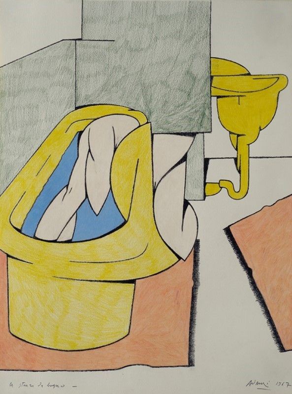 Valerio Adami : La stanza da bagno  (1967)  - Pastelli su cartoncino - Asta Arte Moderna e Contemporanea, Edizioni e Grafica - I - Galleria Pananti Casa d'Aste