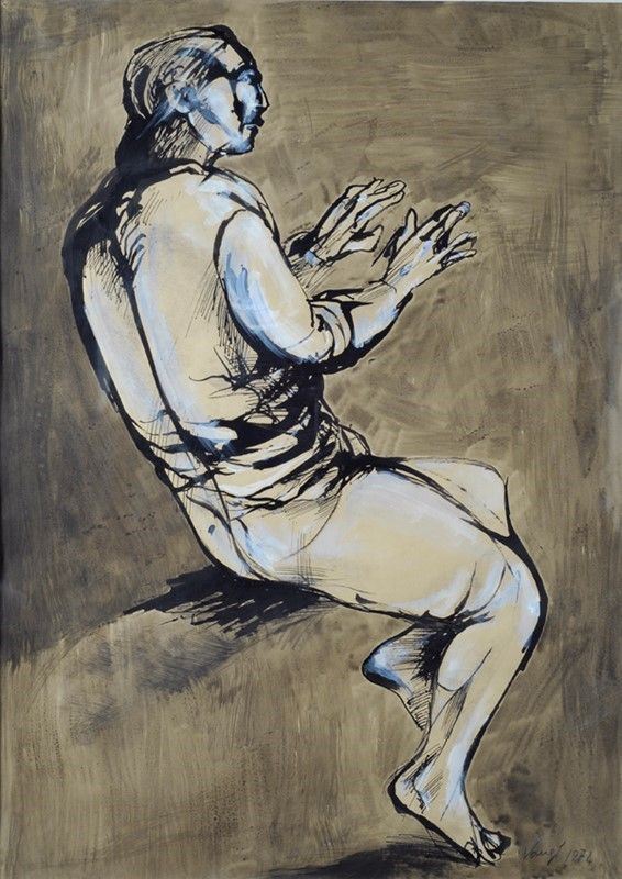 Giuliano Vangi : Uomo seduto  (1974)  - Tecnica mista su carta - Asta Arte Moderna e Contemporanea, Edizioni e Grafica - I - Galleria Pananti Casa d'Aste