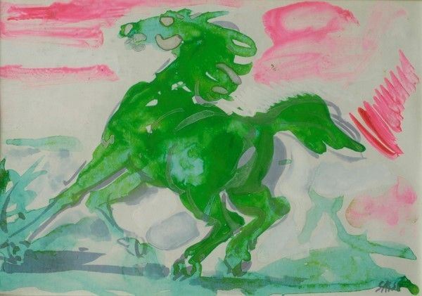 Aligi Sassu : Cavallino verde  (1971)  - Acquerello su carta - Auction Arte Moderna e Contemporanea, Edizioni e Grafica - I - Galleria Pananti Casa d'Aste