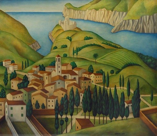 Ubaldo Oppi : Paesaggio ligure  (1915)  - Olio su masonite - Asta Arte Moderna e Contemporanea, Edizioni e Grafica - I - Galleria Pananti Casa d'Aste