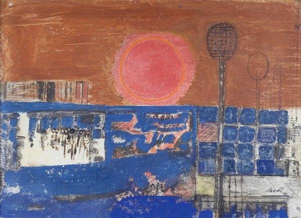 Bruno Saetti : Paesaggio con sole  (1972)  - Tempera su carta riportata su tela - Asta Arte Moderna e Contemporanea, Edizioni e Grafica - I - Galleria Pananti Casa d'Aste