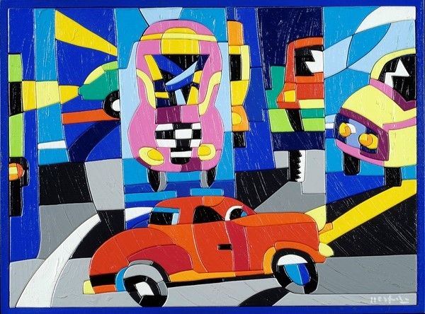 Ugo Nespolo : Car show  - Acrilico su tavola intagliata - Asta Arte Moderna e Contemporanea, Edizioni e Grafica - I - Galleria Pananti Casa d'Aste