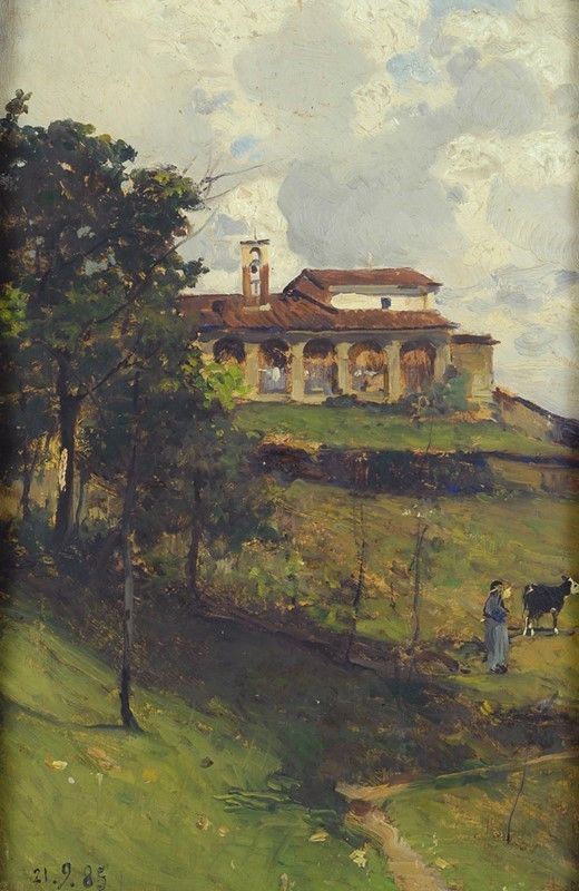 Lorenzo Delleani : San Bernardo a Pollone  (1885)  - Olio su tavola - Auction Arte Moderna e Contemporanea, Edizioni e Grafica - I - Galleria Pananti Casa d'Aste