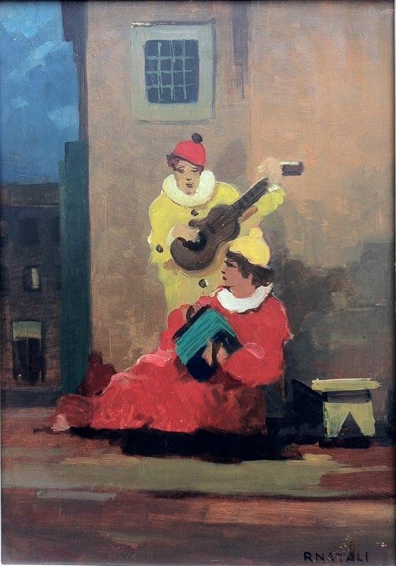 Renato Natali : Mascherine  - Olio su tavola cm.50x35 - Asta Arte Moderna e Contemporanea, Edizioni e Grafica - I - Galleria Pananti Casa d'Aste