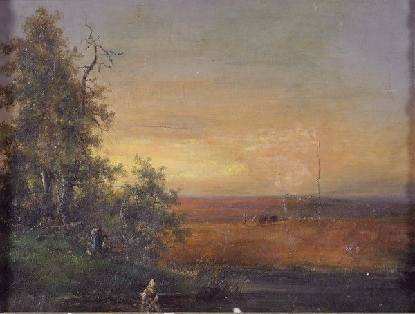 Anonimo, XIX Sec. - Paesaggio con Buoi e Figure
