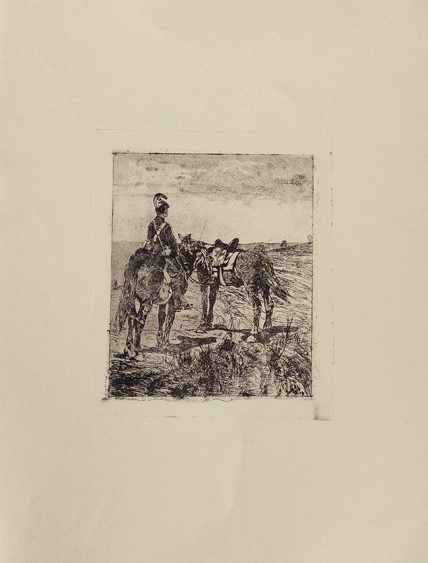 Giovanni Fattori - Soldato di Cavalleria con Due Cavalli