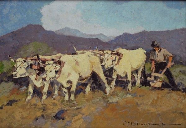 Carlo Domenici : L'aratura  - Olio su faesite - Asta Arte Moderna e Contemporanea - III - Galleria Pananti Casa d'Aste