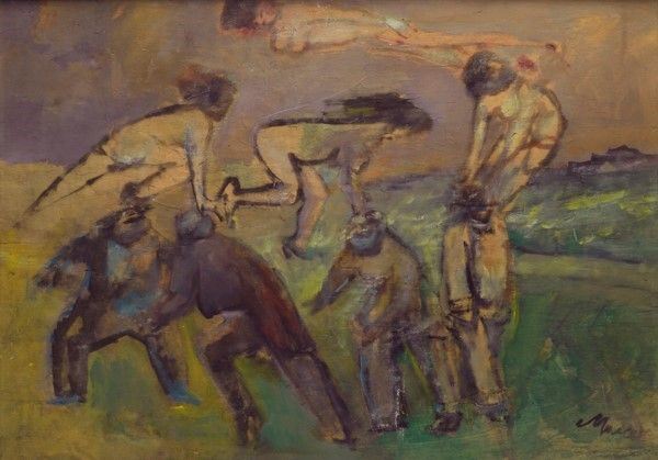 Mino Maccari : Figure che saltano  (1950)  - Olio su tavola - Asta Autori dell'800-900 - I - Galleria Pananti Casa d'Aste