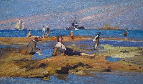 Giovanni March : Figure sugli scogli  - Olio su tavola - Asta Arte Moderna e Contemporanea - III - Galleria Pananti Casa d'Aste