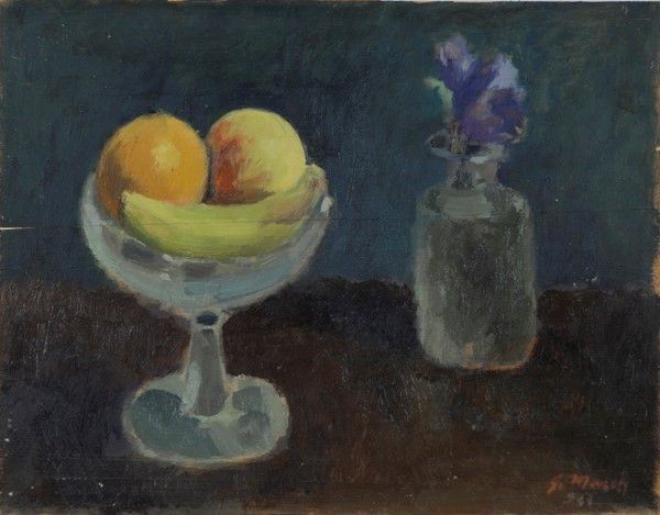 Giovanni March : Fruttiera e vasetto con fiori  (1944)  - Olio su compensato - Asta Arte Moderna e Contemporanea - III - Galleria Pananti Casa d'Aste