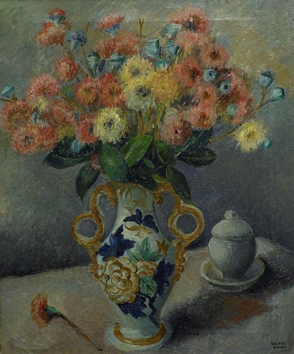 Silvio Pucci : Fiori nel vaso decorato  - Olio su tela - Asta Arte Moderna e Contemporanea - III - Galleria Pananti Casa d'Aste