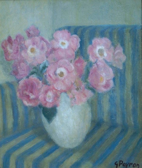 Guido Peyron : Fiori rosa nel vaso  - Olio su tavola - Auction Autori dell'800-900, Moderni e Contemporanei, Grafica ed Edizioni - Galleria Pananti Casa d'Aste