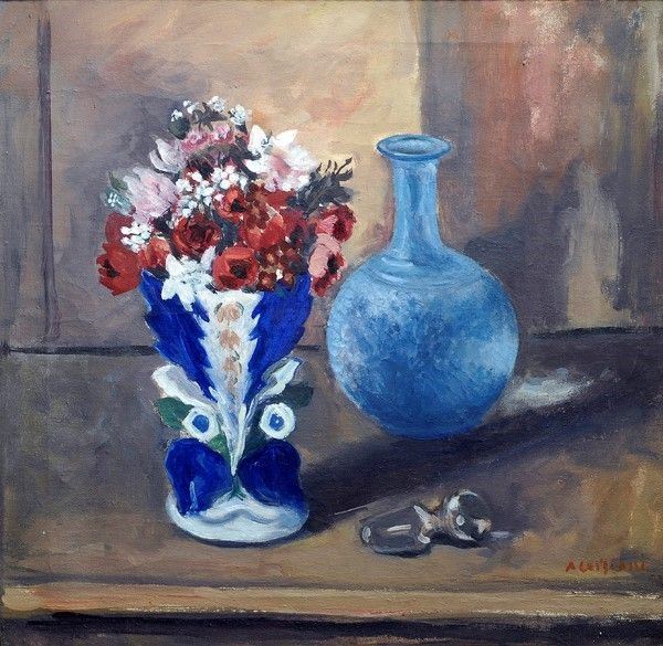 Alberto Caligiani - Vaso Blu e Bianco con Fiori