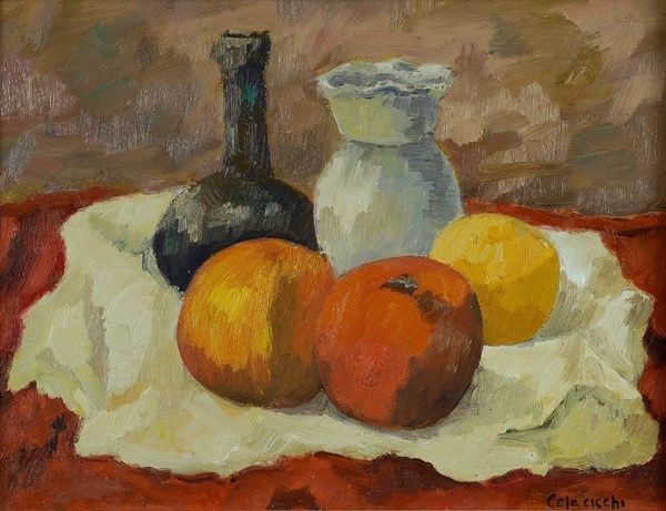Giovanni Colacicchi : Natura morta  - Olio su compensato - Asta Arte Moderna e Contemporanea - III - Galleria Pananti Casa d'Aste