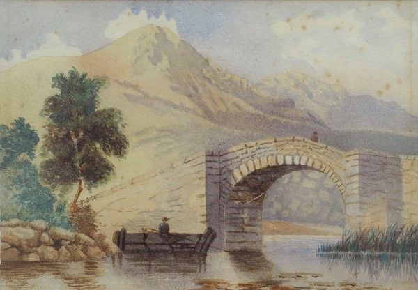 Anonimo, XIX sec. - Pescatore, fiume e ponte