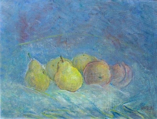 Italo Griselli : Frutta sul panno  (1956)  - Olio su cartone telato - Asta Arte Moderna e Contemporanea - III - Galleria Pananti Casa d'Aste