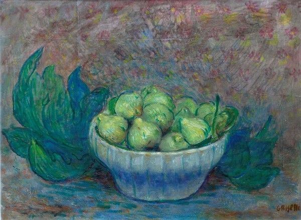 Italo Griselli : Zuppiera con fichi  - Olio su compensato - Asta Arte Moderna e Contemporanea - III - Galleria Pananti Casa d'Aste