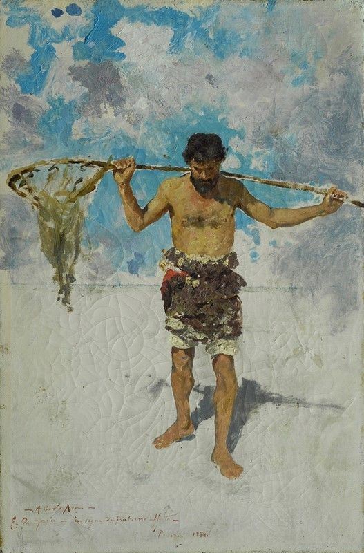 Ettore De Maria Bergler : Pescatore  (1884)  - Olio su tela - Asta Arte Moderna e Contemporanea - III - Galleria Pananti Casa d'Aste