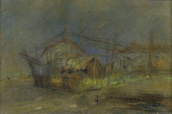 Lionello Balestrieri : Paesaggio con capanno  (1914)  - Pastelli su carta - Asta Arte Moderna e Contemporanea - III - Galleria Pananti Casa d'Aste