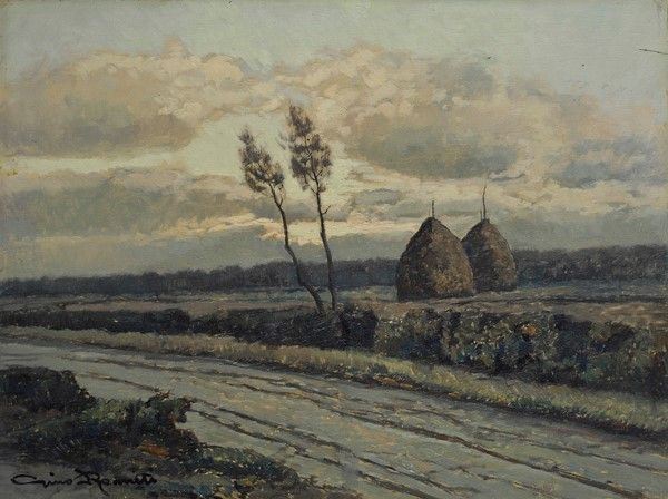 Gino Romiti - Paesaggio con alberi e pagliai