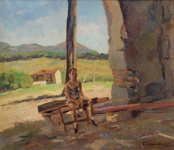 Carlo Domenici : Bambino seduto  - Olio su compensato - Asta Arte Moderna e Contemporanea - III - Galleria Pananti Casa d'Aste