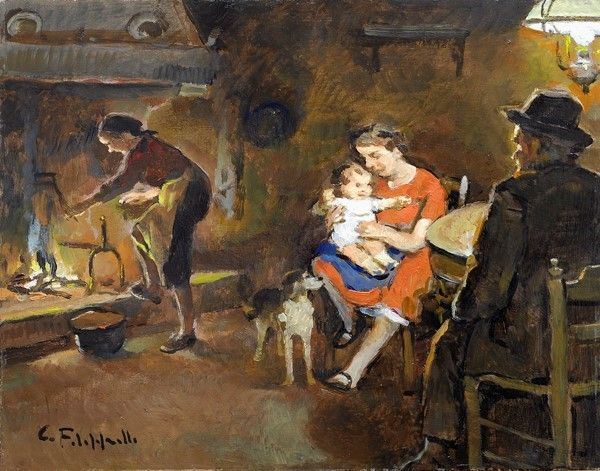 Cafiero Filippelli : Maternità in un interno  - Olio su compensato - Asta Arte Moderna e Contemporanea - III - Galleria Pananti Casa d'Aste